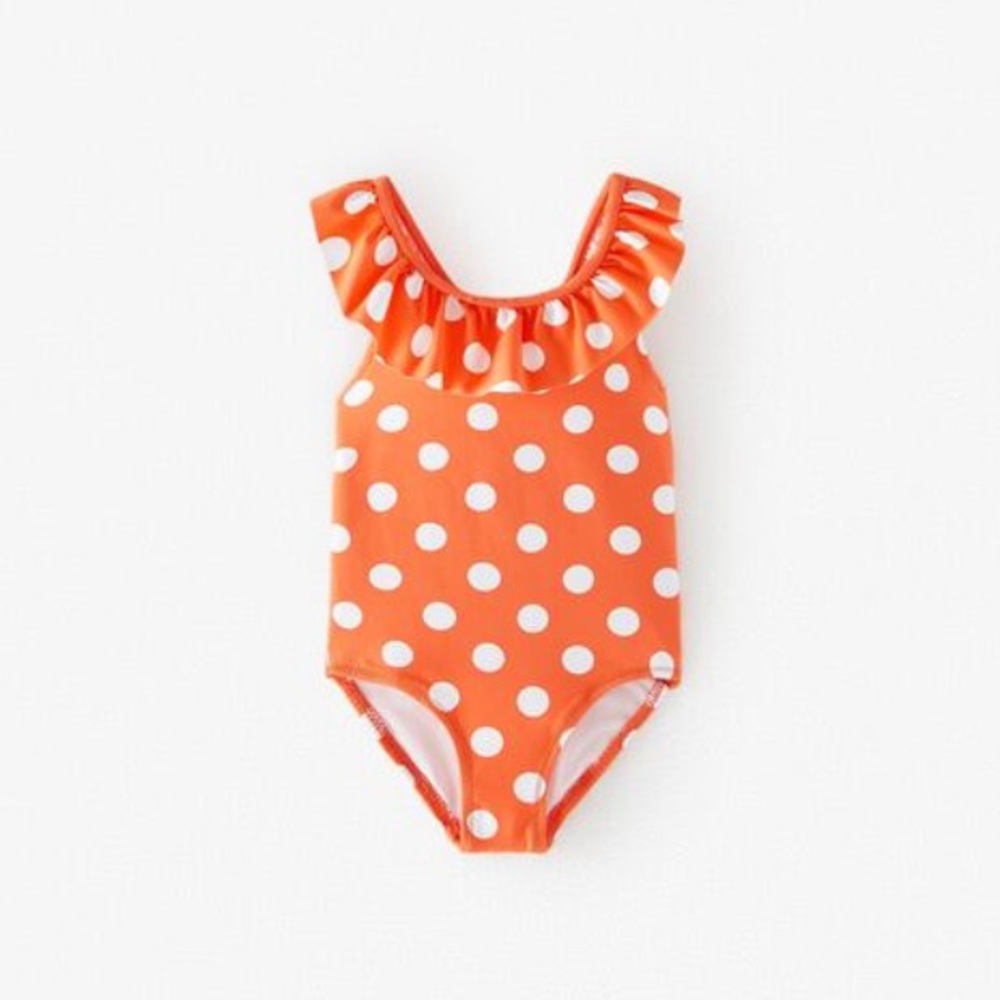 Zara PolkaDot Orange OnePiece Ruffle Swim Suit